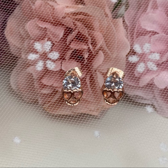 Rose Gold Crystal Skull Stud Earrings - Picture 6 of 16
